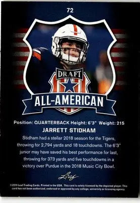 2019 Leaf Draft #72 Jarrett Stidham Gold - Football Card Single