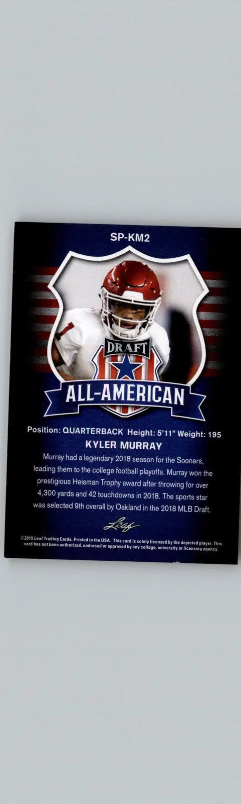 2019 Leaf Draft #SP-KM2 Kyler Murray Kyler Murray SPs Gold Oklahoma Sooners - Football Card Single