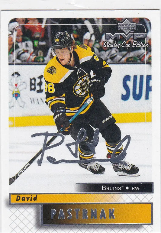 Hockey trading card featuring David Pastrnak Boston Bruins autograph 2019 MVP Stanley Cup edition silver script