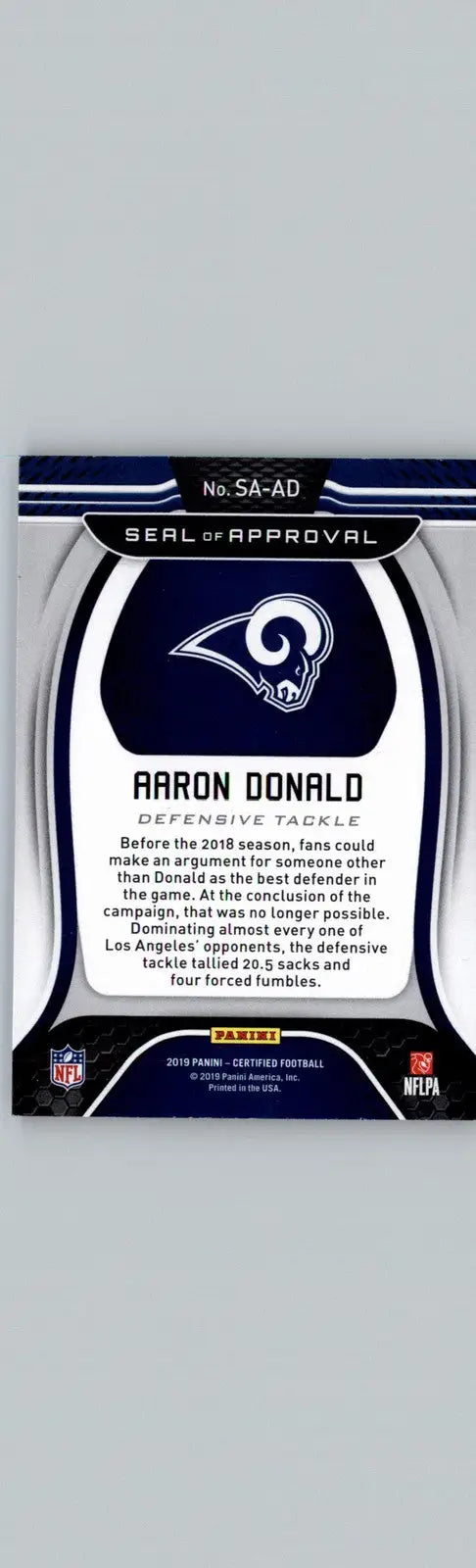 2019 Panini Certified #SA-AD Aaron Donald Seal of Approval Los Angeles Rams - Football Card Single