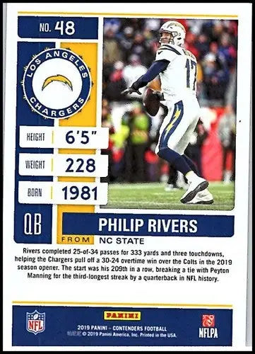 2019 Panini Contenders Season Ticket #48 Philip Rivers NM-MT LA Charger ID:25710 - Football Card Single