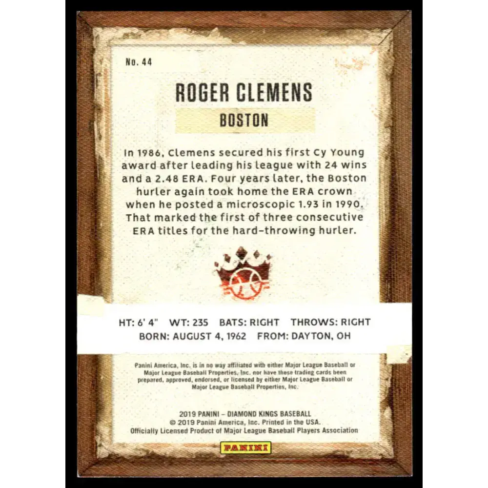 2019 Panini Diamond Kings #44 Roger Clemens EX/NM Boston Red Sox Baseball Card - Baseball Card Single
