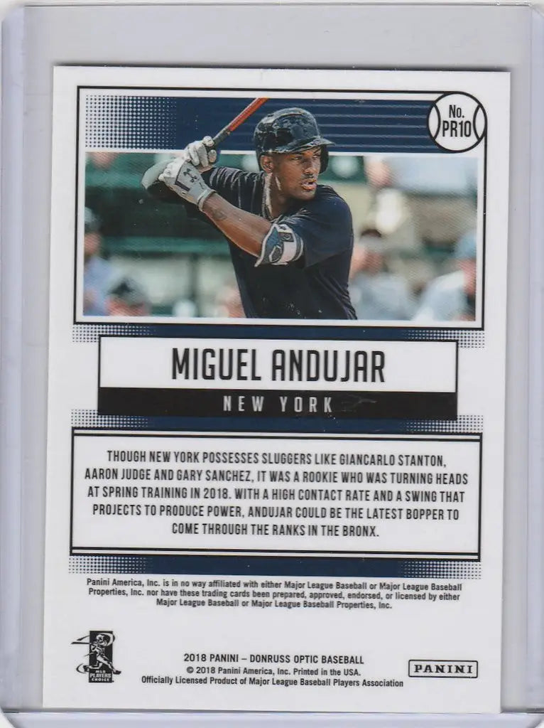 Baseball card of PR10 Miguel Andujar in batting stance for Panini Donruss Optic, New York Yankees