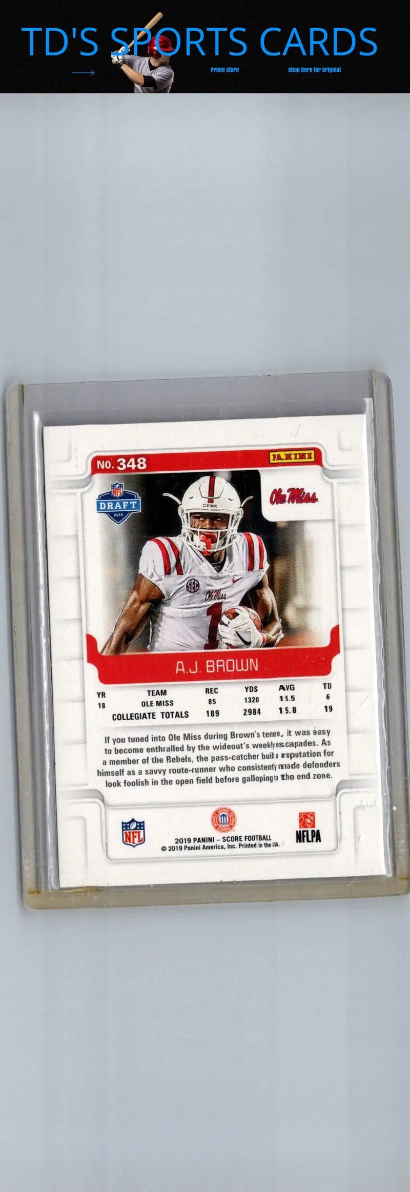 Encased A.J. Brown football card from 2019 Score #348 featuring a collectible NFL card