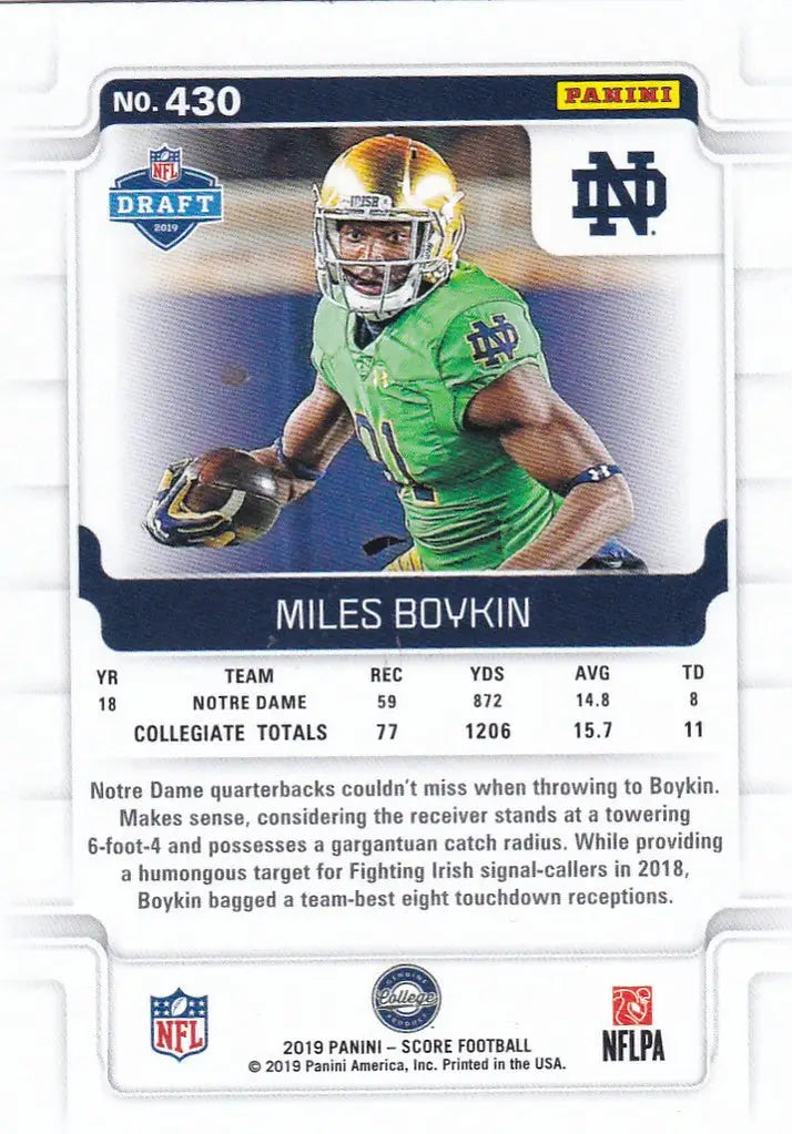 Miles Boykin RC Rookie football trading card in bright green Notre Dame uniform