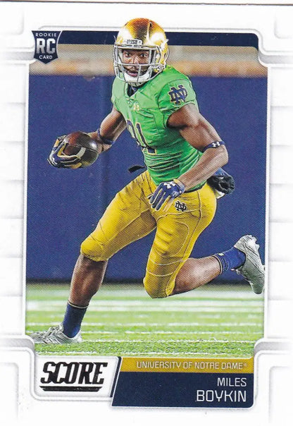 Miles Boykin running with the ball in bright green jersey for Notre Dame RC Rookie card