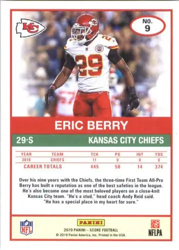 Original gloss 2019 Score Eric Berry football trading card featuring Chiefs player