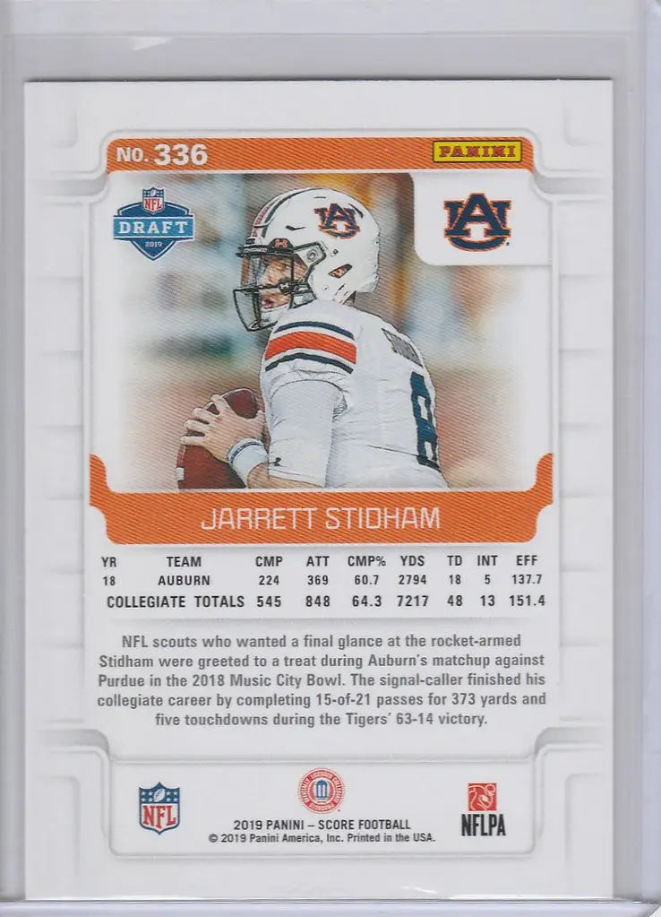 Football trading card of Jarrett Stidham, Score Rookie for the England Patriots