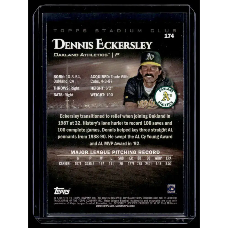 2019 Stadium Club #174 Dennis Eckersley NM-MT Oakland Athletics Baseball Card - Baseball Card Single