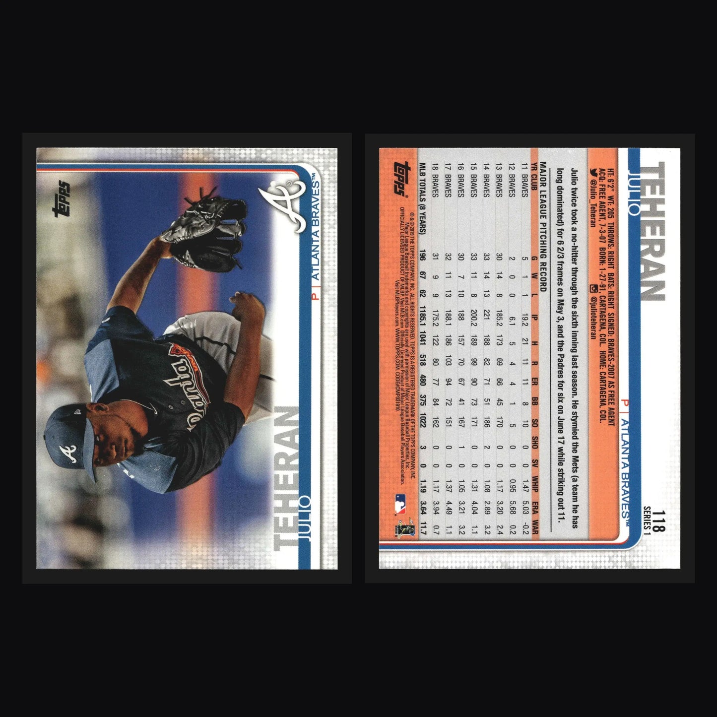 2019 Topps #118 Julio Teheran Braves - Baseball Card Single