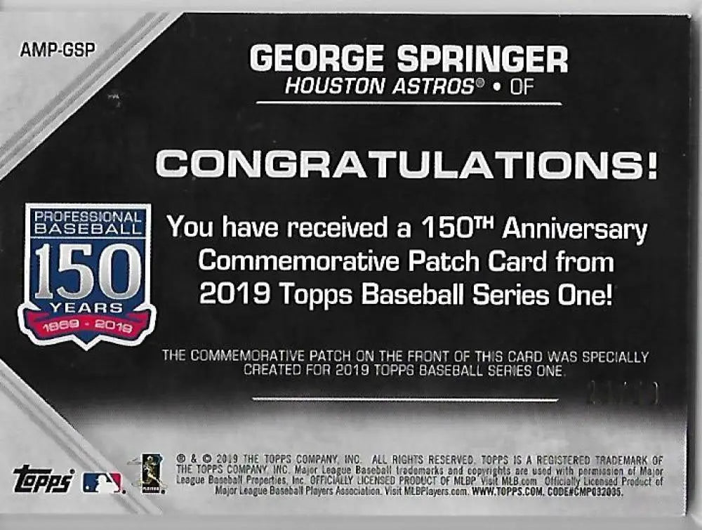 2019 Topps 150th Anniversary Commemorative Patches Gold #AMP-GSP George ID:17016 - Baseball Card Single
