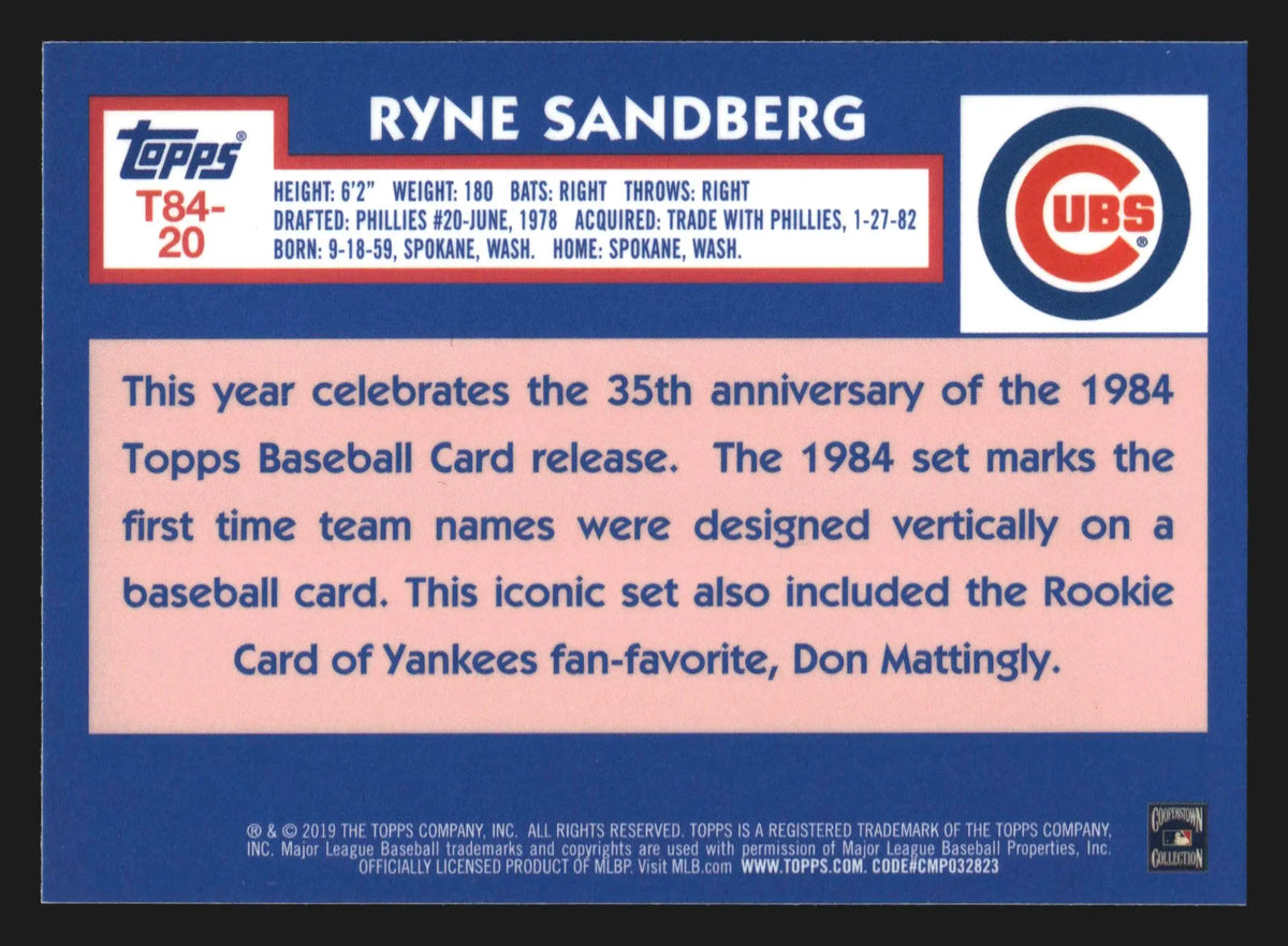 2019 Topps 1984 Chrome Ryne Sandberg #T84-20 Silver Pack Mojo Refractor HOF - Baseball Card Single