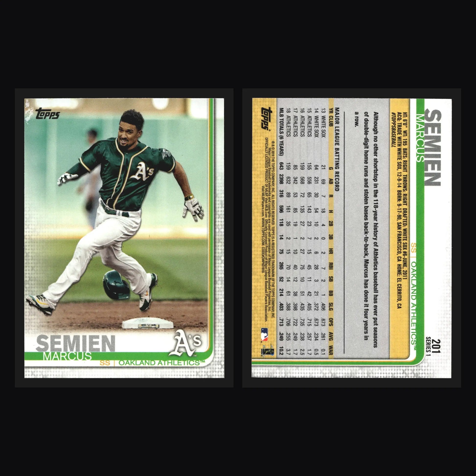 2019 Topps #201 Marcus Semien Oakland Athletics - Baseball Card Single