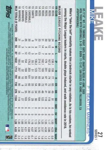 2019 Topps Mike Leake baseball card with original gloss NM-MT Mariners