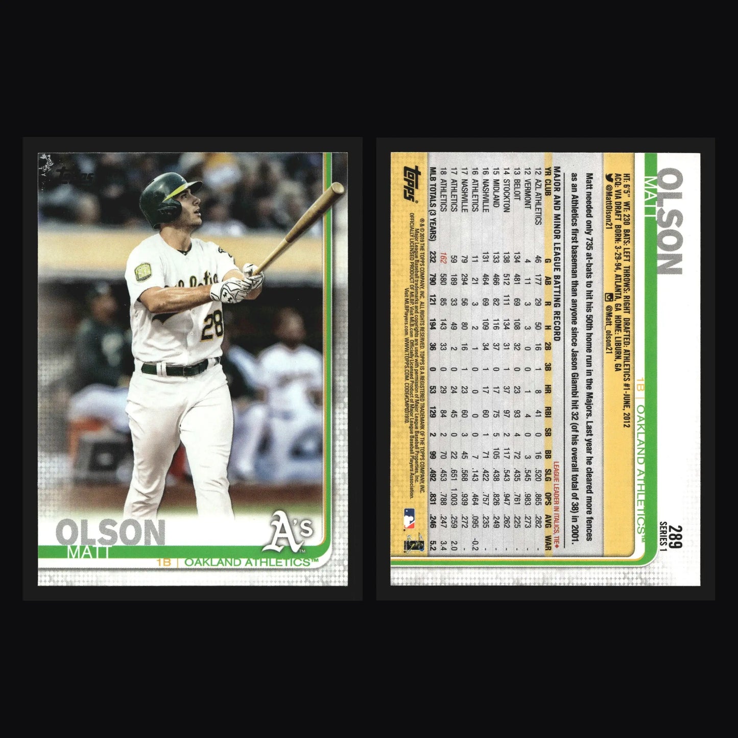 2019 Topps #289 Matt Olson Oakland Athletics - Baseball Card Single