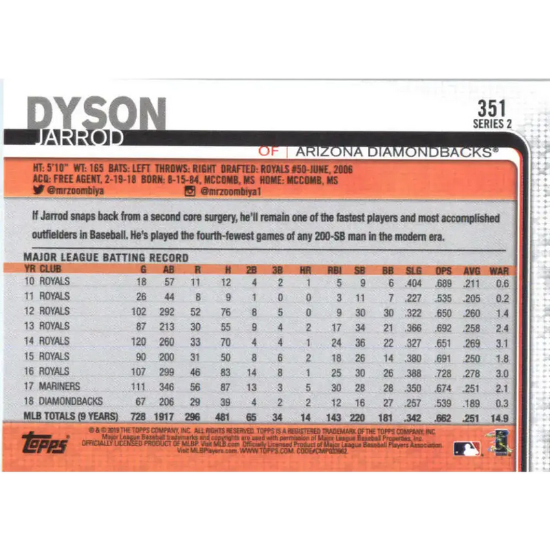 2019 Topps #351 Jarrod Dyson NM-MT Arizona Diamondbacks Baseball Card - Baseball Card Single