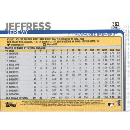 2019 Topps #362 Jeremy Jeffress NM-MT Milwaukee Brewers Baseball Card