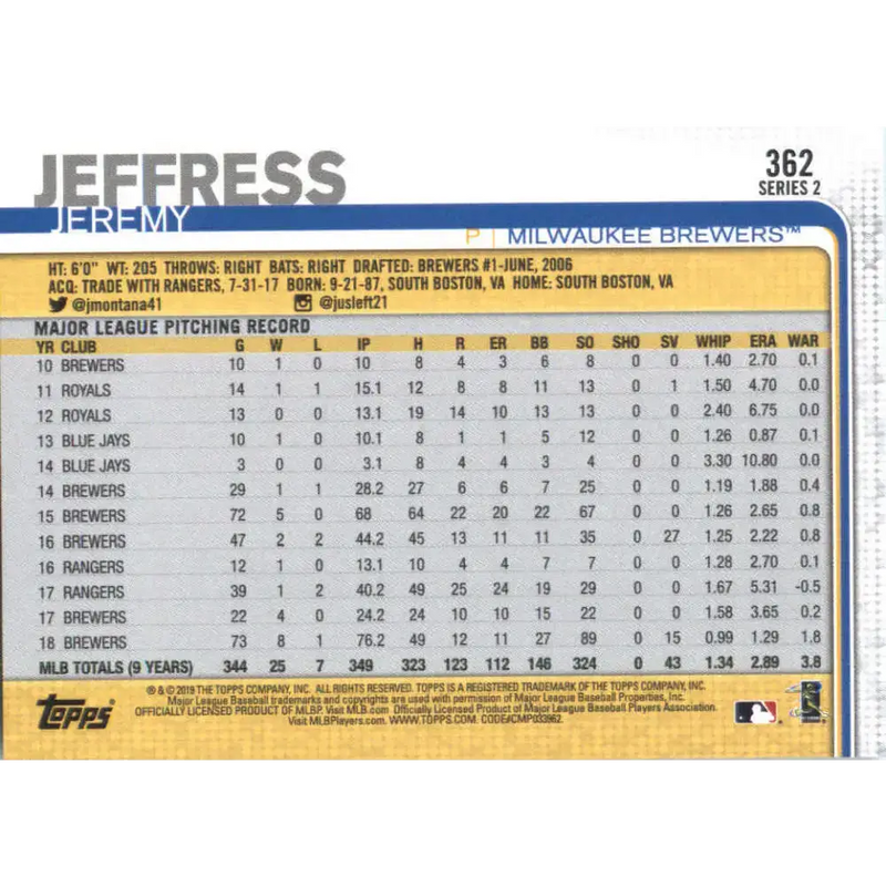2019 Topps #362 Jeremy Jeffress NM-MT Milwaukee Brewers Baseball Card - Baseball Card Single
