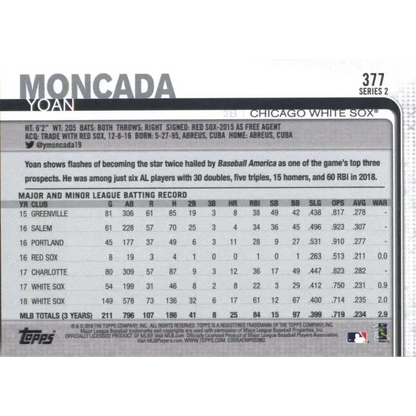 2019 Topps #377 Yoan Moncada NM-MT Chicago White Sox Baseball Card