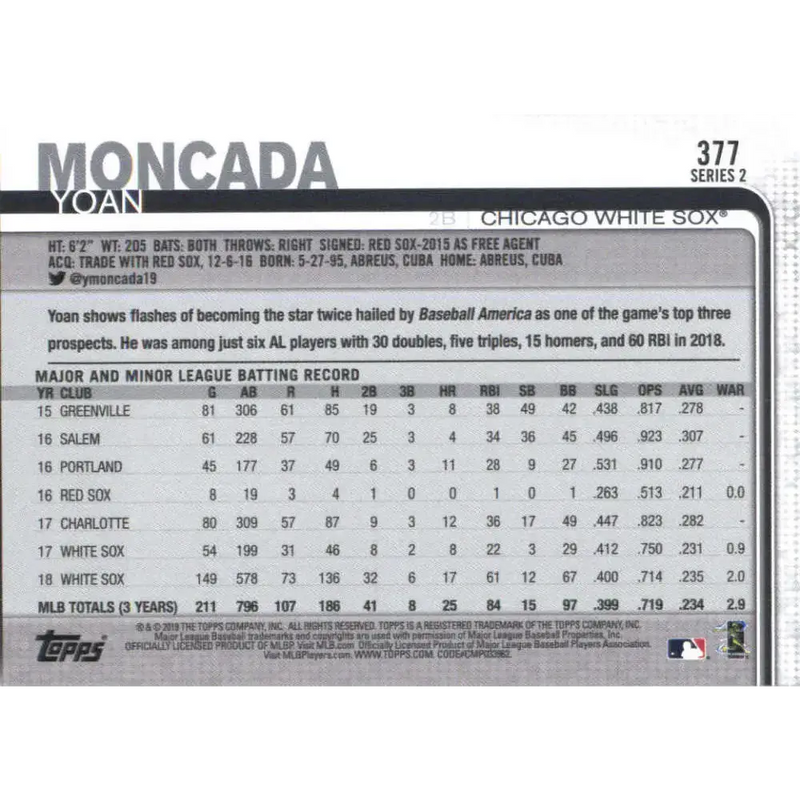 2019 Topps #377 Yoan Moncada NM-MT Chicago White Sox Baseball Card - Baseball Card Single