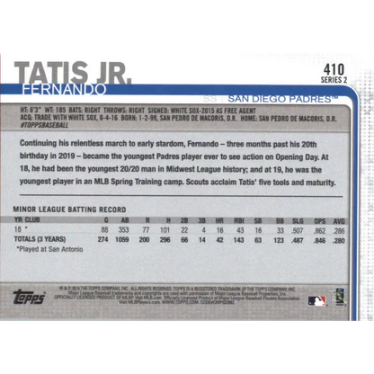 2019 Topps #410 Fernando Tatis Jr. NM-MT RC Rookie San Diego Padres Baseball Card