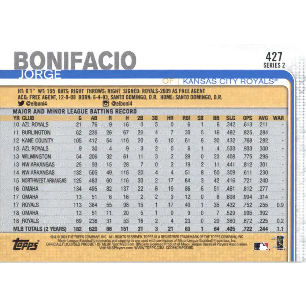 2019 Topps #427 Jorge Bonifacio NM-MT Kansas City Royals Baseball Card