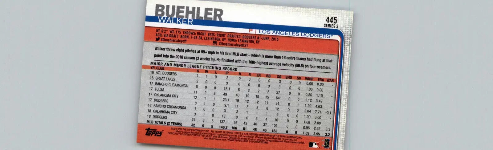 2019 Topps #445 Walker Buehler Los Angeles Dodgers - Baseball Card Single