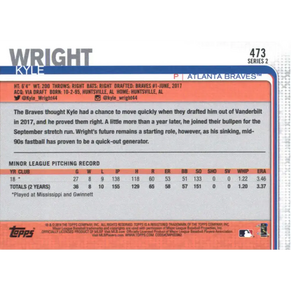 2019 Topps #473 Kyle Wright NM-MT RC Rookie Atlanta Braves Baseball Card