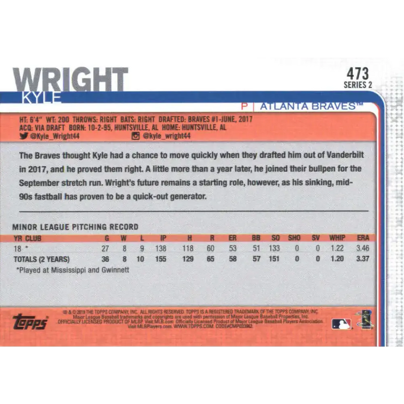 2019 Topps #473 Kyle Wright NM-MT RC Rookie Atlanta Braves Baseball Card - Baseball Card Single