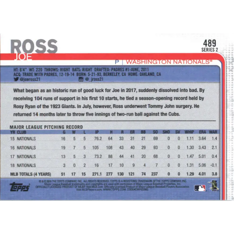 2019 Topps #489 Joe Ross NM-MT Washington Nationals Baseball Card - Baseball Card Single