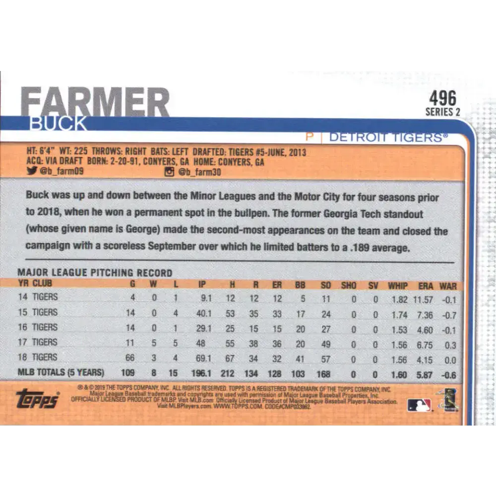 2019 Topps #496 Buck Farmer NM-MT Detroit Tigers Baseball Card
