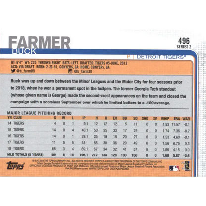 2019 Topps #496 Buck Farmer NM-MT Detroit Tigers Baseball Card
