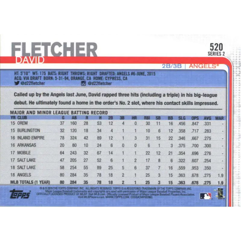 2019 Topps #520 David Fletcher NM-MT RC Rookie Los Angeles Angels Baseball Card - Baseball Card Single