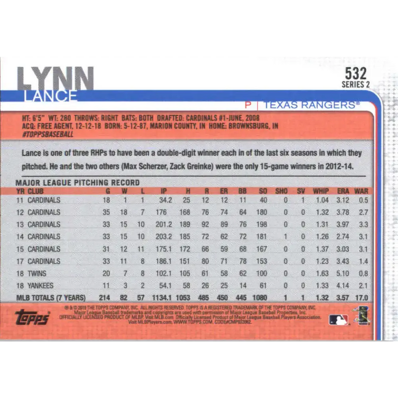 2019 Topps #532 Lance Lynn NM-MT Texas Rangers Baseball Card - Baseball Card Single