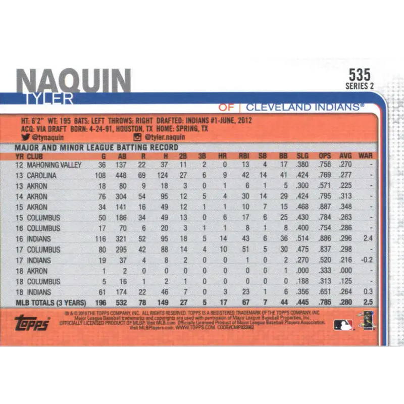 2019 Topps #535 Tyler Naquin NM-MT Cleveland Indians Baseball Card - Baseball Card Single