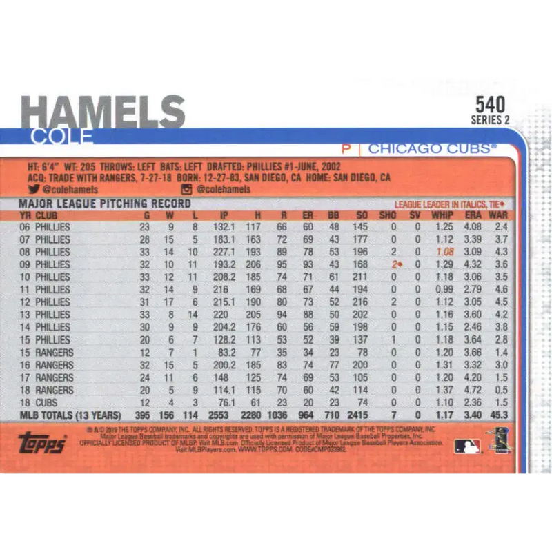 2019 Topps #540 Cole Hamels NM-MT Chicago Cubs Baseball Card - Baseball Card Single