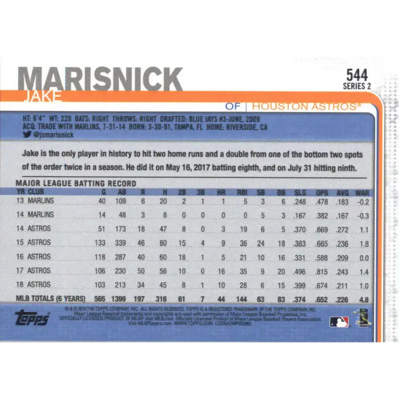 2019 Topps #544 Jake Marisnick NM-MT Houston Astros Baseball Card - Baseball Card Single