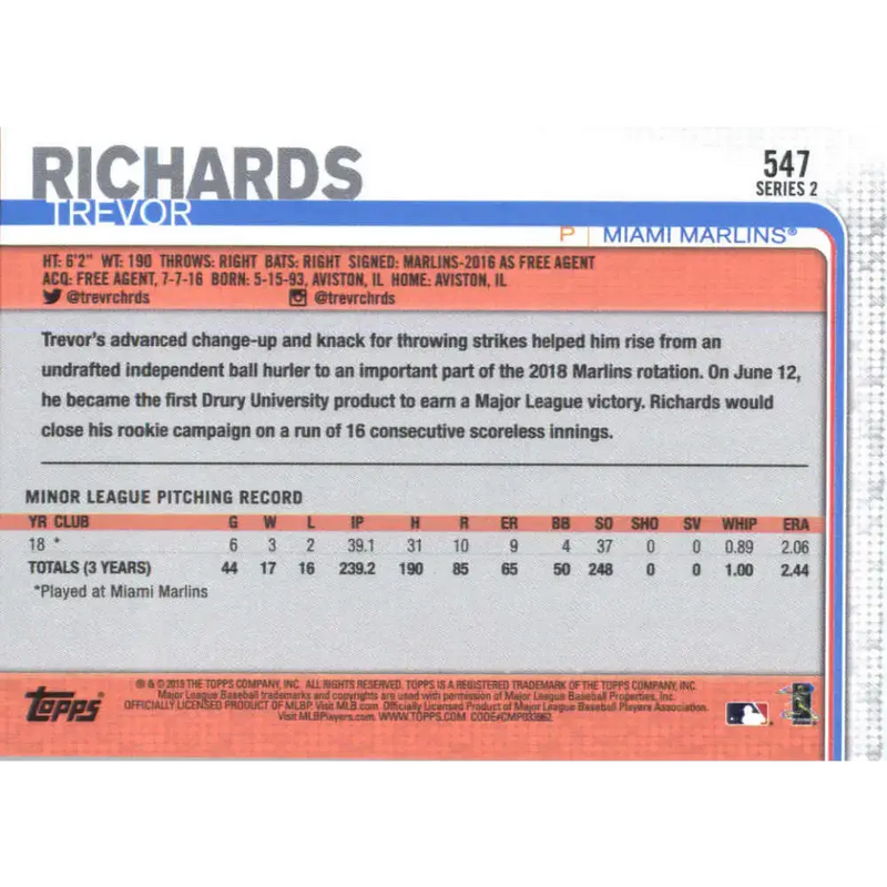 2019 Topps #547 Trevor Richards NM-MT RC Rookie Miami Marlins Baseball Card