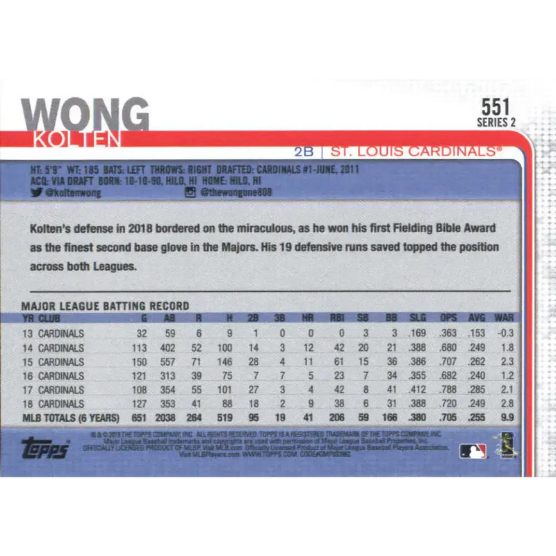 2019 Topps #551 Kolten Wong NM-MT St. Louis Cardinals Baseball Card - Baseball Card Single