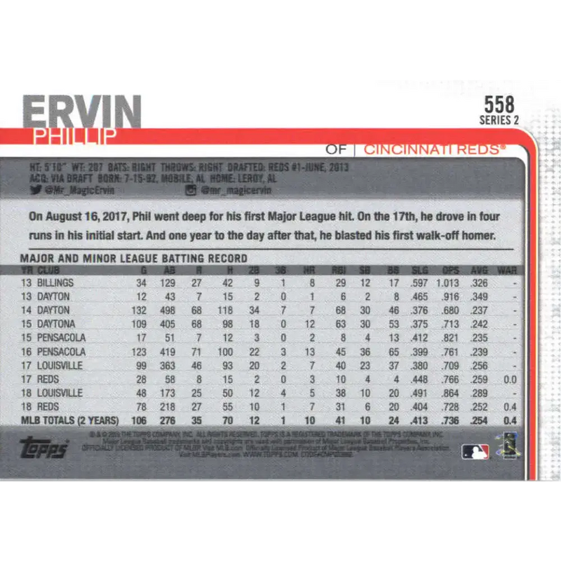2019 Topps #558 Phillip Ervin NM-MT Cincinnati Reds Baseball Card - Baseball Card Single