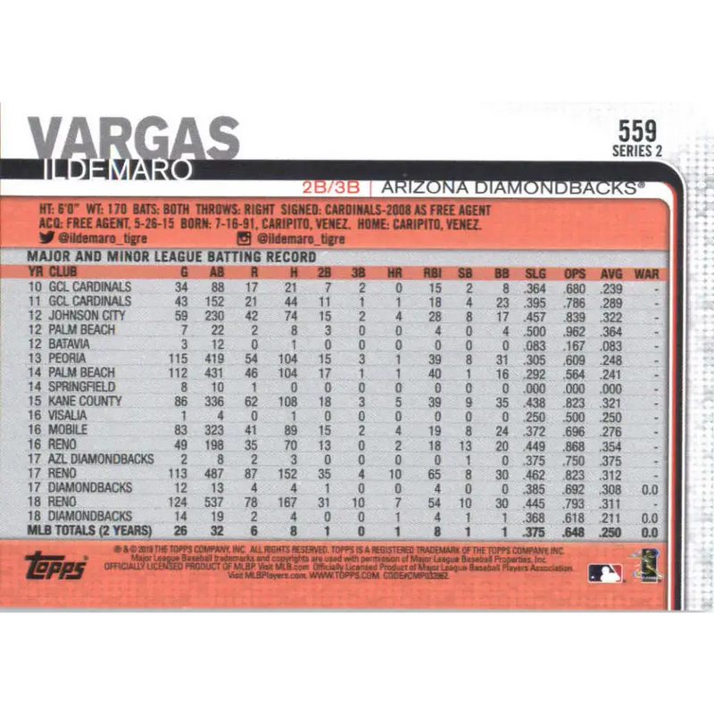 2019 Topps #559 Ildemaro Vargas NM-MT Arizona Diamondbacks Baseball Card - Baseball Card Single