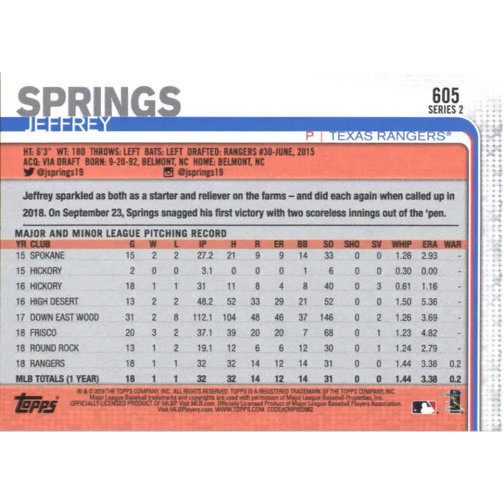 2019 Topps #605 Jeffrey Springs NM-MT RC Rookie Texas Rangers Baseball Card - Baseball Card Single