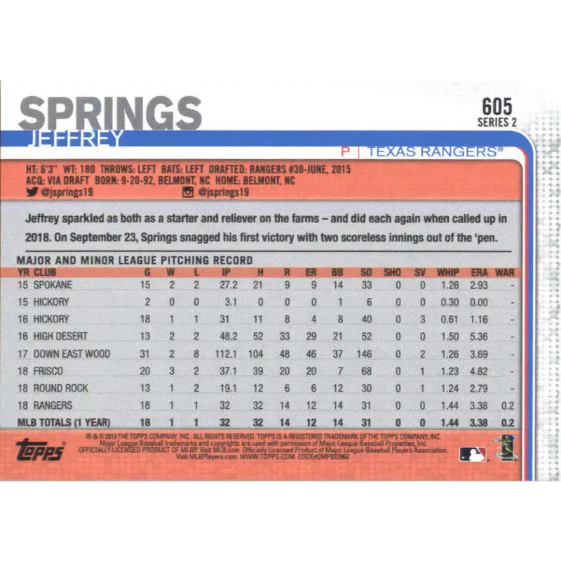 2019 Topps #605 Jeffrey Springs NM-MT RC Rookie Texas Rangers Baseball Card - Baseball Card Single