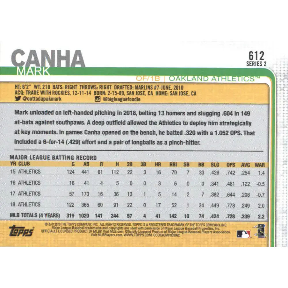 2019 Topps #612 Mark Canha NM-MT Oakland Athletics Baseball Card - Baseball Card Single