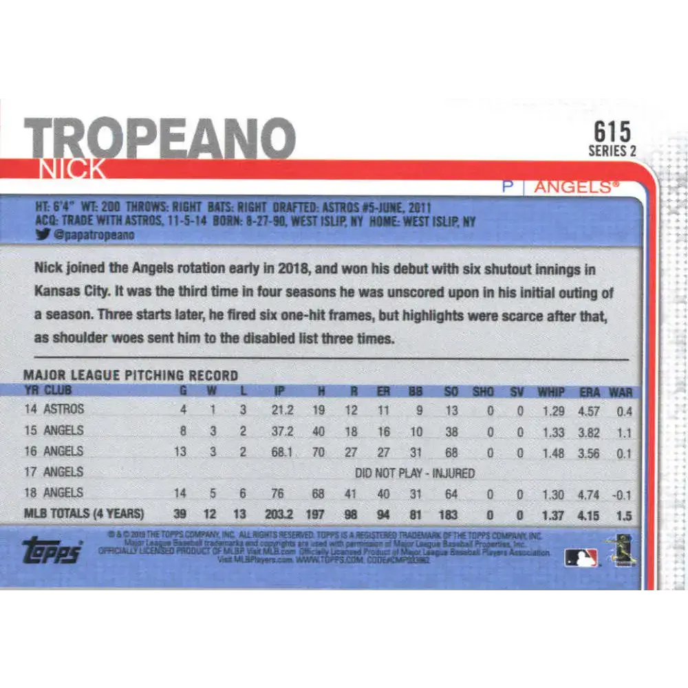 2019 Topps #615 Nick Tropeano NM-MT Los Angeles Angels Baseball Card - Baseball Card Single