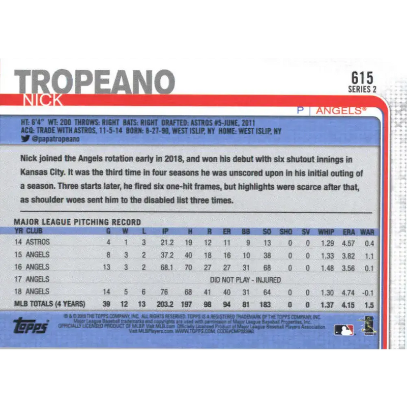 2019 Topps #615 Nick Tropeano NM-MT Los Angeles Angels Baseball Card - Baseball Card Single