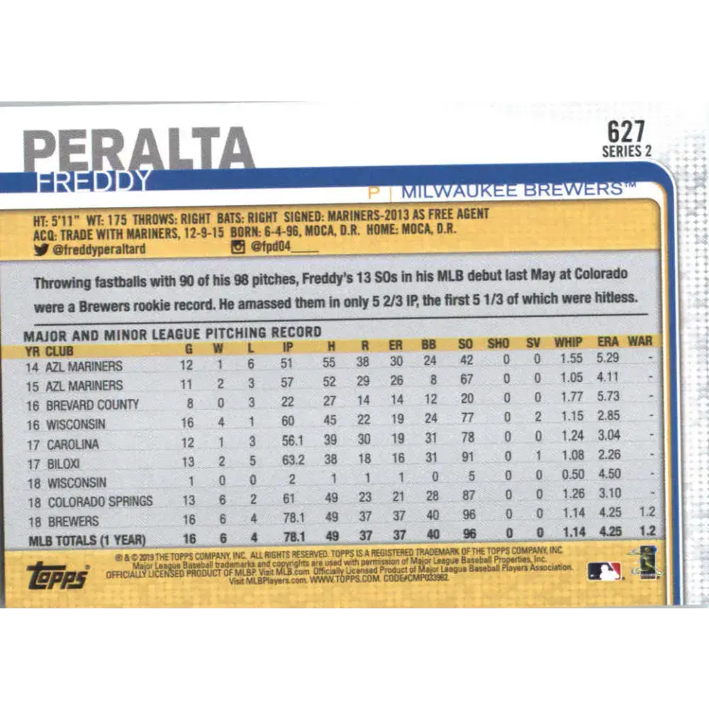 2019 Topps #627 Freddy Peralta NM-MT Milwaukee Brewers Baseball Card - Baseball Card Single