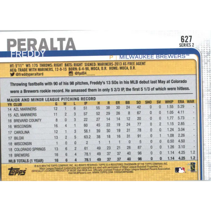 2019 Topps #627 Freddy Peralta NM-MT Milwaukee Brewers Baseball Card - Baseball Card Single
