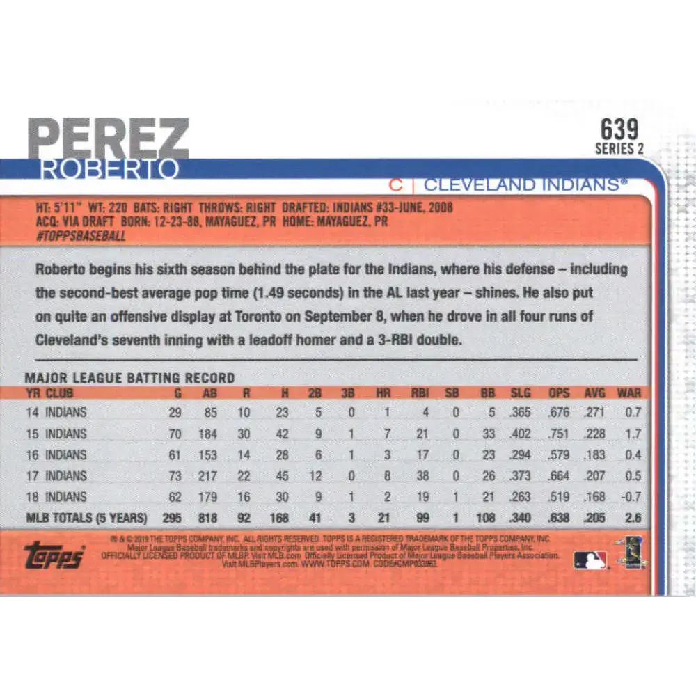 2019 Topps #639 Roberto Perez NM-MT Cleveland Indians Baseball Card - Baseball Card Single