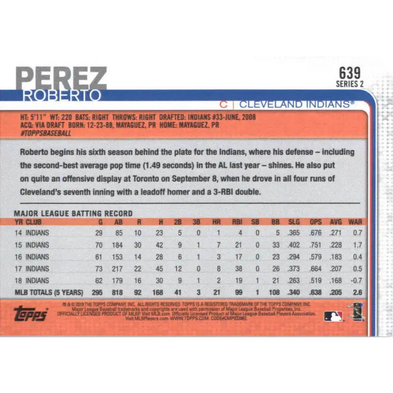 2019 Topps #639 Roberto Perez NM-MT Cleveland Indians Baseball Card - Baseball Card Single